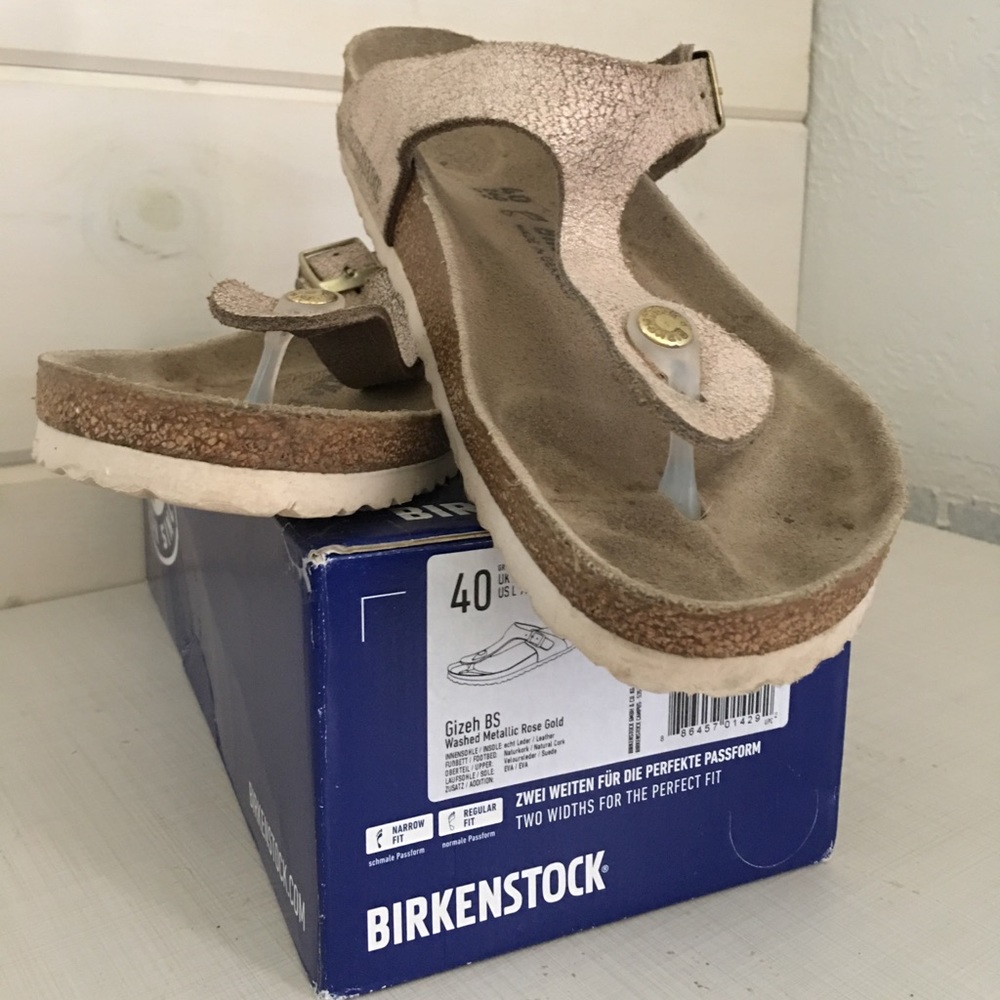 Gold t-strap Birkenstock sandals